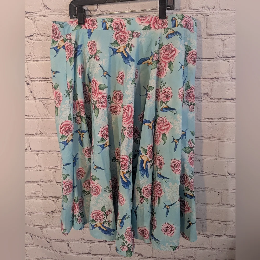 Hell Bunny Vixen Blue Floral Skirt With Birds - Picture 2 of 7